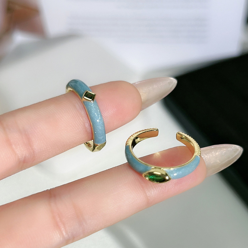 Minimalist blue gilt enamel drop glaze plain ring open ring, women's fair complexion, layering fashionable and individual ring trend details Picture