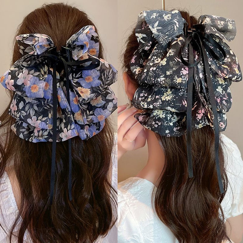 Super ethereal floral bow ribbon grab clip, high-end multi-purpose hair clip, shark clip at the back of the head, ponytail hair accessory for women Specification drawing