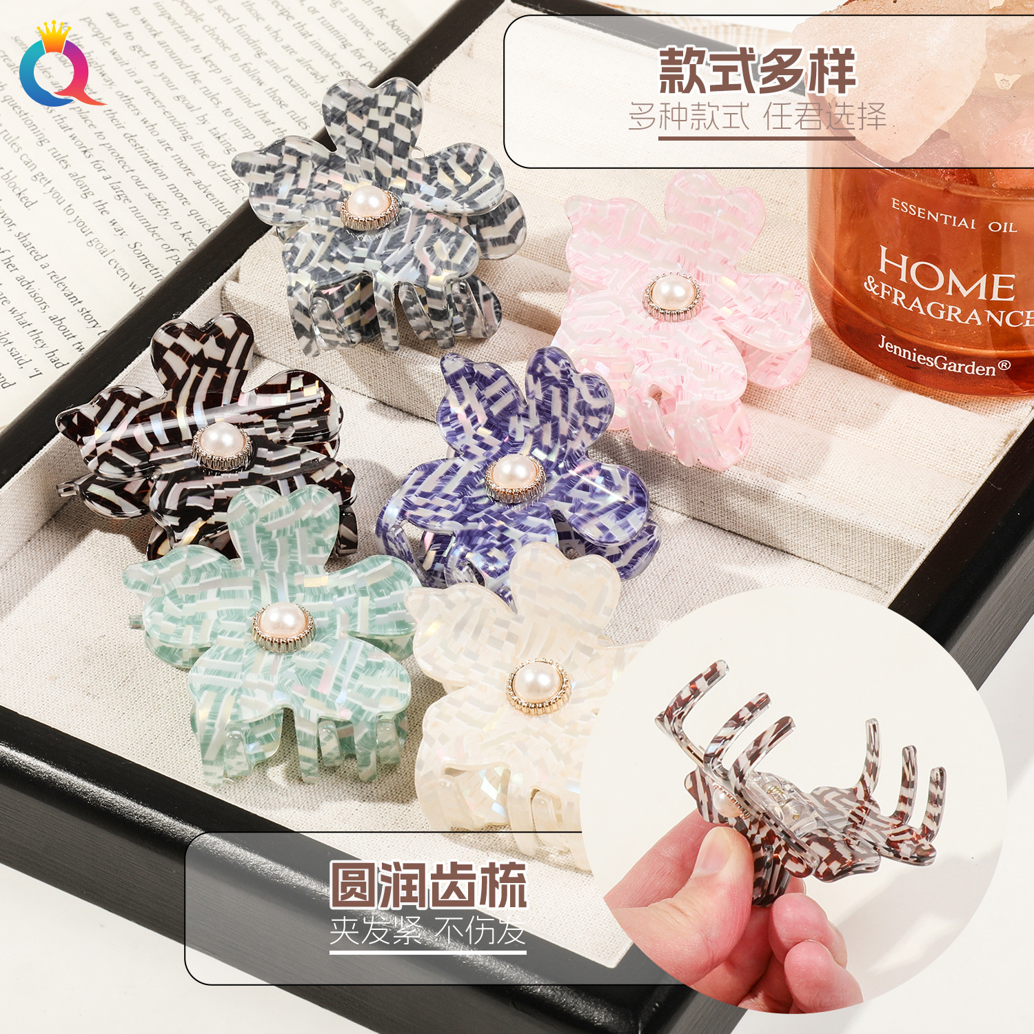 Wholesale of Qiyue Cross-border acrylic pearl five-petal flower hair clips, updo hair clips, women's back head shark clips Specification drawing