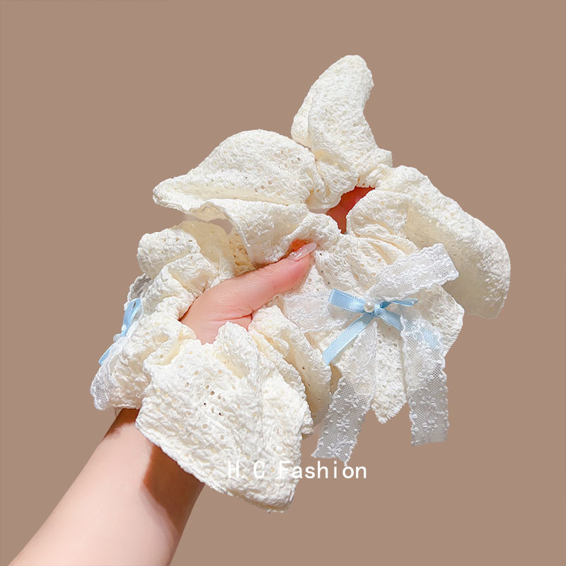 Korean-style fresh and clean bow, hollowed-out large intestine hair band, high-end look, bun hair rope at the back of the head, square scarf hair tie for girls Specification drawing
