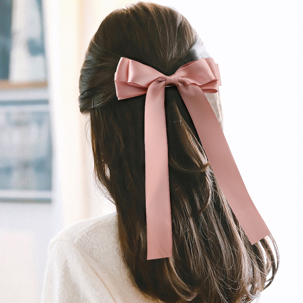 Qiyue European and American fabric color satin double-sided ribbon ribbon bow hair clip solid color long ribbon spring clip C197 details Picture