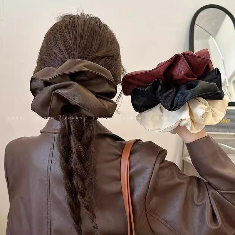 Ankela wine red pu leather hair band for women, large and high-end style hair tie, new hair tie, pleated large intestine band Specification drawing