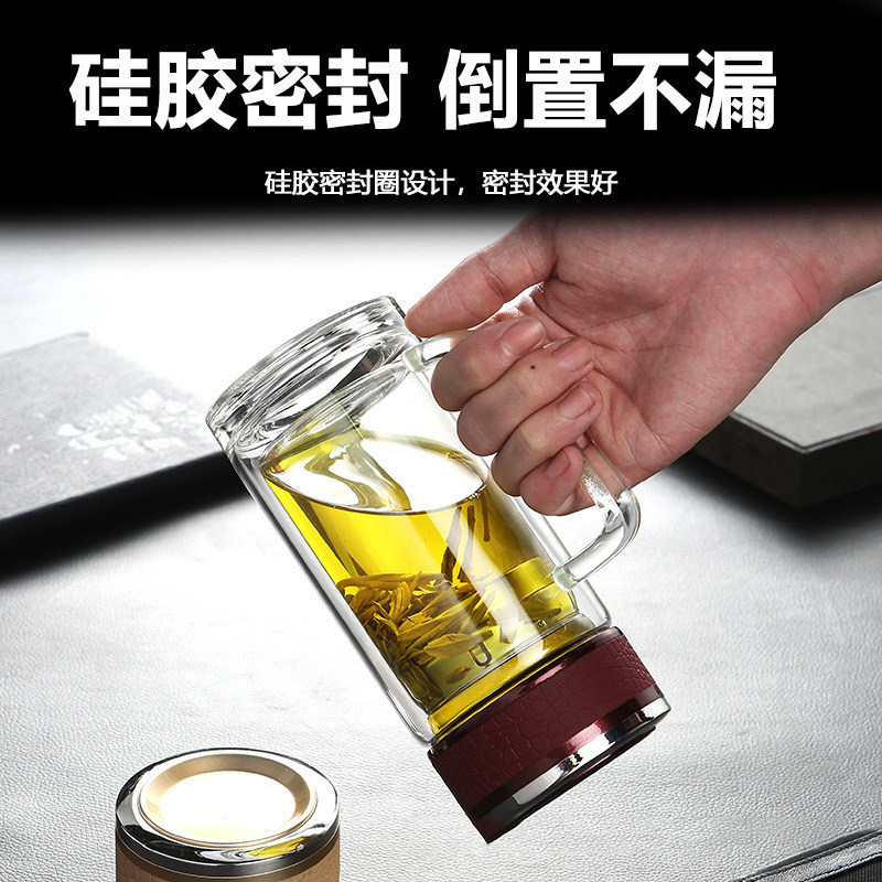 Double-layer business glass cups with handles, office cups, household drinking cups, large-capacity tea brewing cups, high-appearance-level handle cups Application Scenario