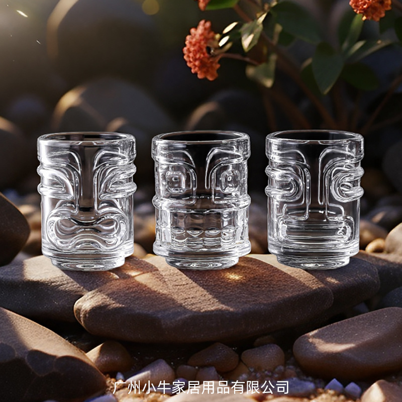 Mask spirits tiki cup, totem cold brew coffee cup, creative ghost face glass white spirit cup, Tiki cocktail cup full figure