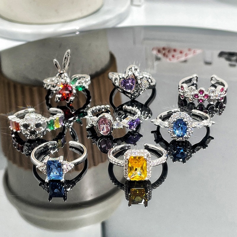 French retro colored zircon light luxury high-end open ring, fashionable and versatile, individual and exquisite, cold style ring details Picture