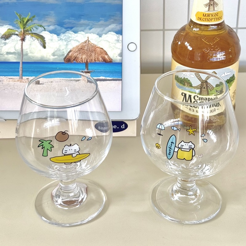 Homemade coconut tree surf cat sweet wine glass, highball glass, island-style glass, kitten juice cup, cold drink cup, wine cup Specification drawing