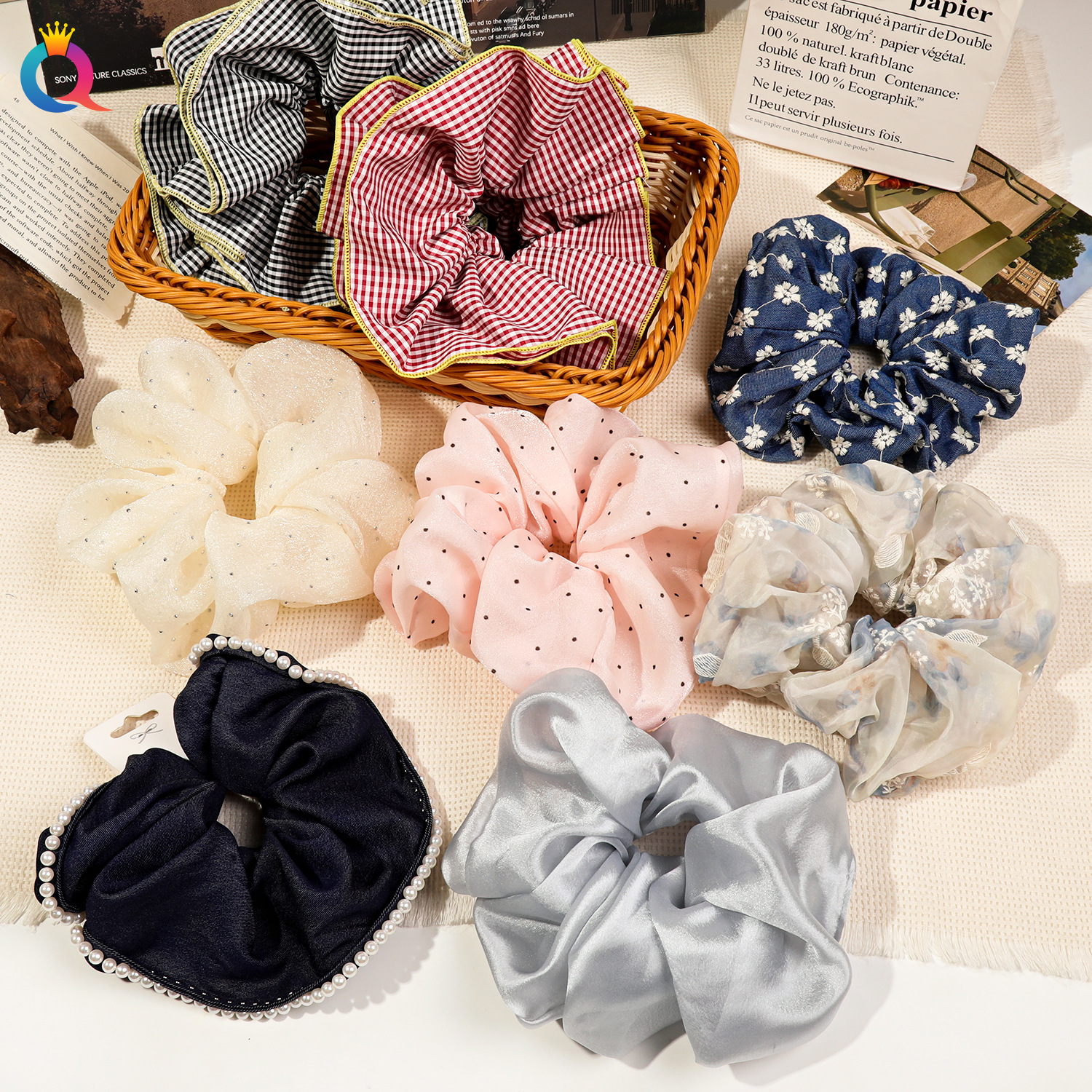 Qiyue's new oversized fabric large intestine hair band, retro starry sky embossed diamond gauze low ponytail hair band, hair accessory full figure