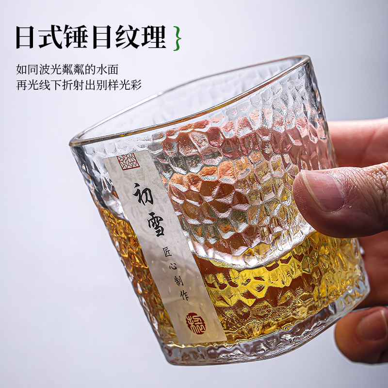 Creative first snow hammer-patterned water cup, thickened transparent office coffee cup, high appearance level glass whisky square wine glass Specification drawing