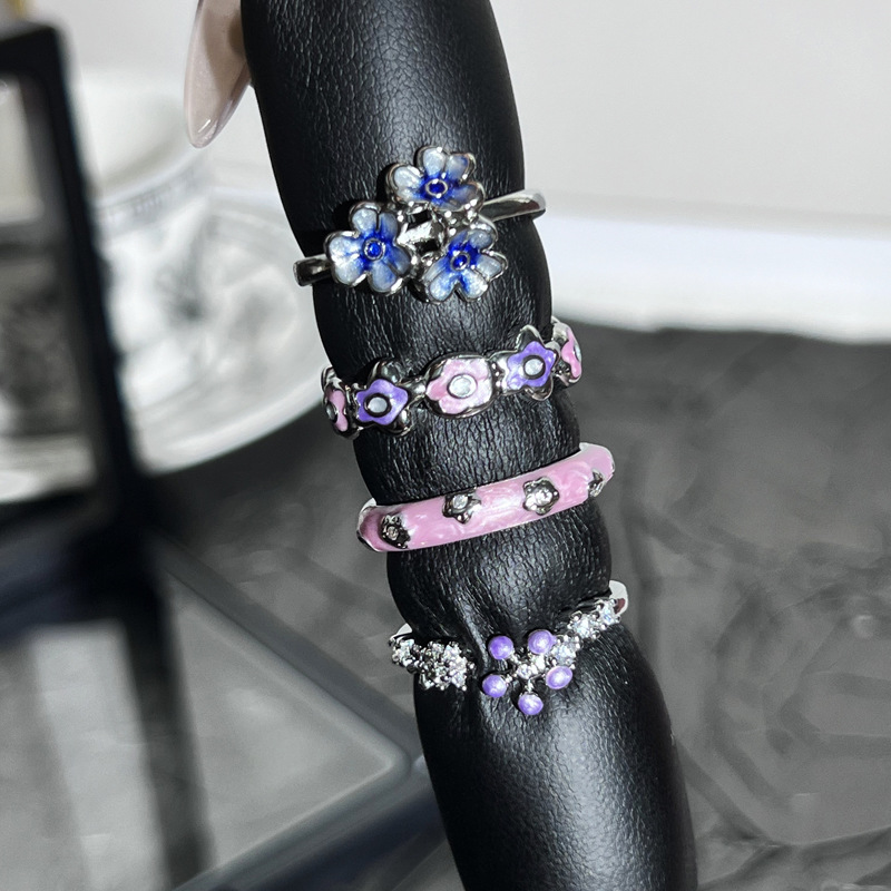 Korean sweet and cool flower pink and purple drip glaze fashionable open ring, a cold and elegant feminine style, a niche, exquisite and versatile ring details Picture