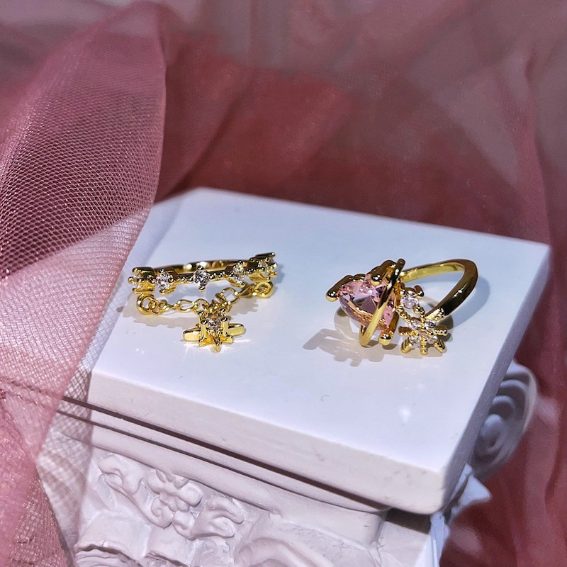 Heart-shaped pink diamond hexagonal star double-layer chain open ring, a niche design sense, ins sweet and cool style, fashionable ring Application Scenario