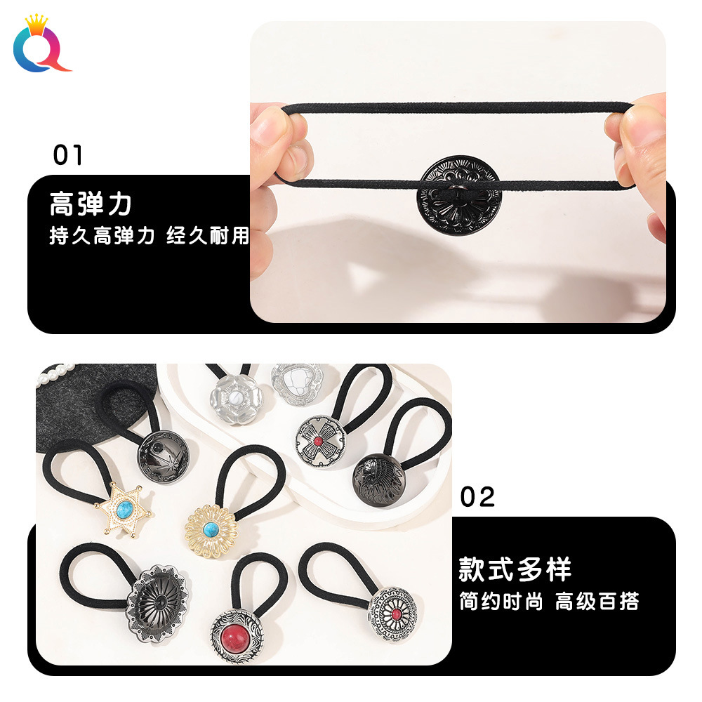 Qiyue Cross-border Metal button Hair tie, rubber band hair tie, girls' high school elastic French retro Hair tie, hair band and hair accessory wholesale Specification drawing