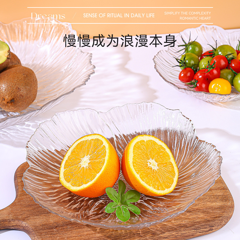Petal-shaped glass fruit plate, living room coffee table, flower-shaped pearlescent crystal snack plate, Nordic simple, high appearance level candy plate details Picture