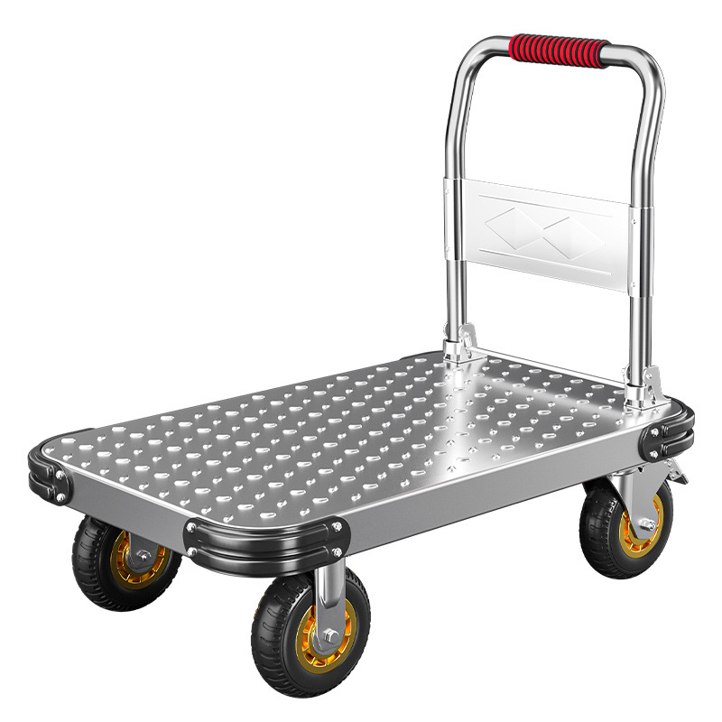 Steel plate trolley, silent hand-pushed and pulled goods handling cart, household flatbed cart, portable trailer, folding tool shopping cart Item Picture