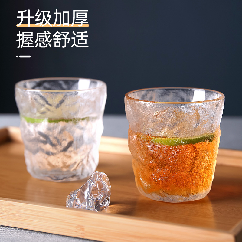 Lizun Japanese ice pattern Glass cups, creative bark pattern water cups, juice cups, household whisky wine glasses Specification drawing