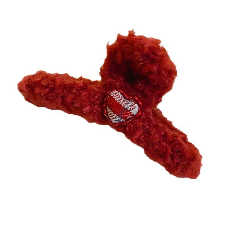 Red heart-shaped checkered lambskin grab clip Spring and summer shark clip hair clip for women's back of the head 2025 new style clip hair accessory Item Picture