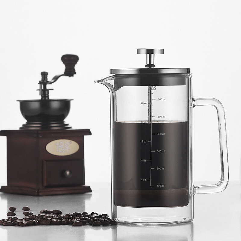 【 Customized LOGO】 Double-layer glass French press coffee maker with scale French coffee pot details Picture