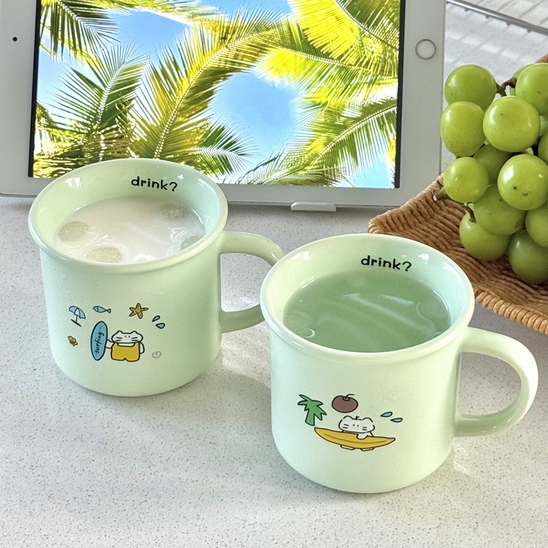 Homemade ins Surf Cat mug birthday gift for girls, high appearance level, island style mint milk green ceramic cup full figure