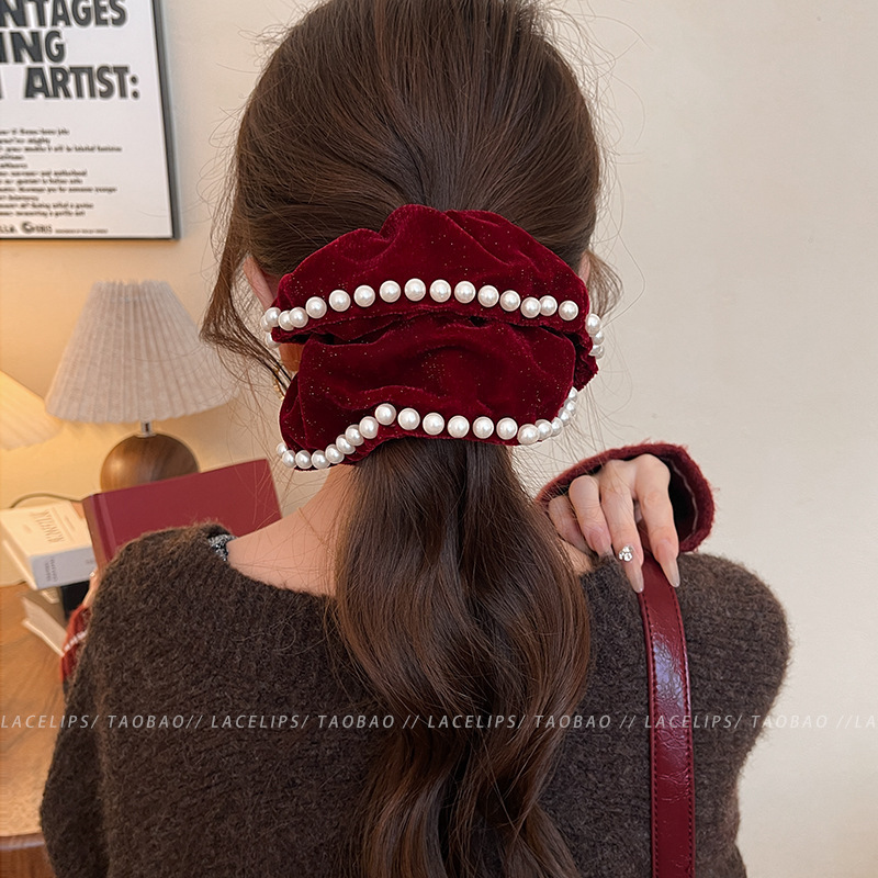 Ankela red velvet Heavy Industry pearl Large Intestine hair tie Headband for women, high-end style, ponytail bun hair tie Application Scenario