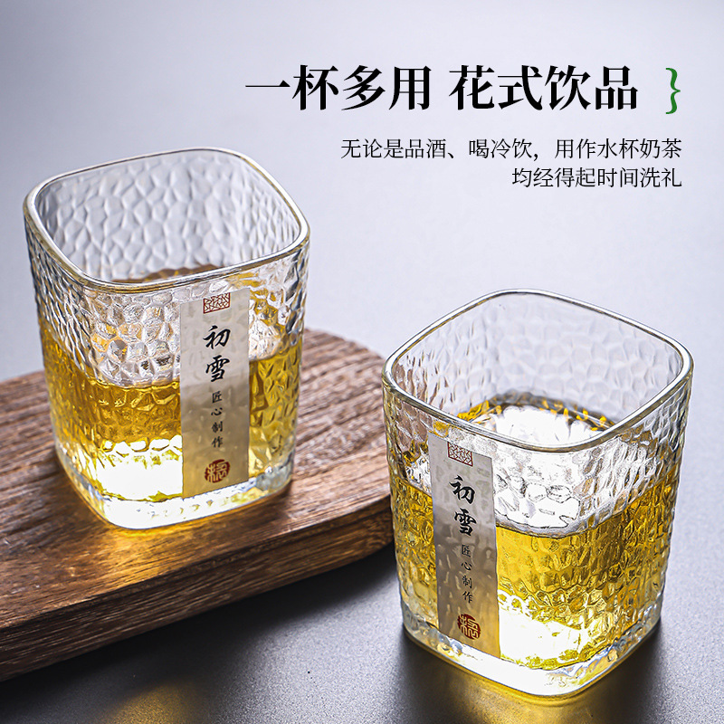 Creative first snow hammer-patterned water cup, thickened transparent office coffee cup, high appearance level glass whisky square wine glass details Picture