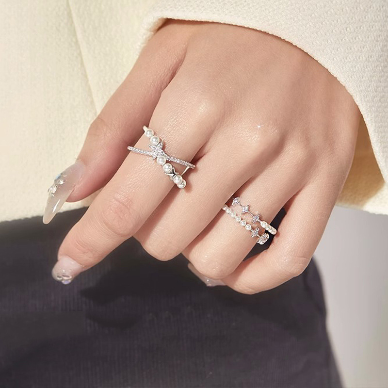 Sweet and cool, exquisite starlight pearl crossed double-layer open ring, gentle and elegant, individualistic, ins cold style ring Specification drawing