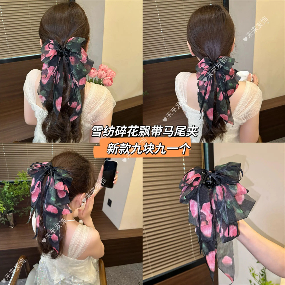 Spring and summer new style mesh print French elegant style bow ponytail clip at the back of the head women's headwear Specification drawing