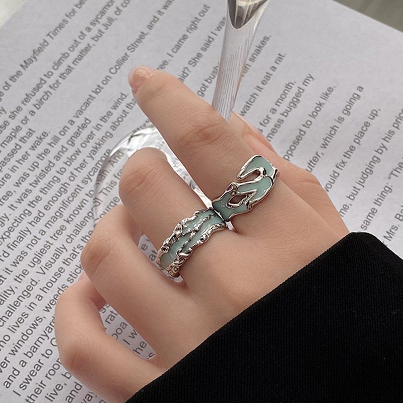 Mint-colored drip glaze irregular texture open ring for women's ins, cold style, niche design, high-end feel ring details Picture
