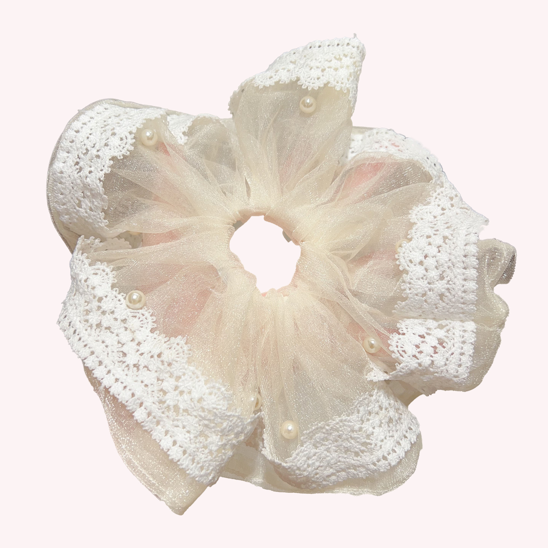 High-end lace, pearl, large large intestine hair band, women's high-end look, ponytail hair tie, super fairy-like hair flower, elegant hair accessory Item Picture