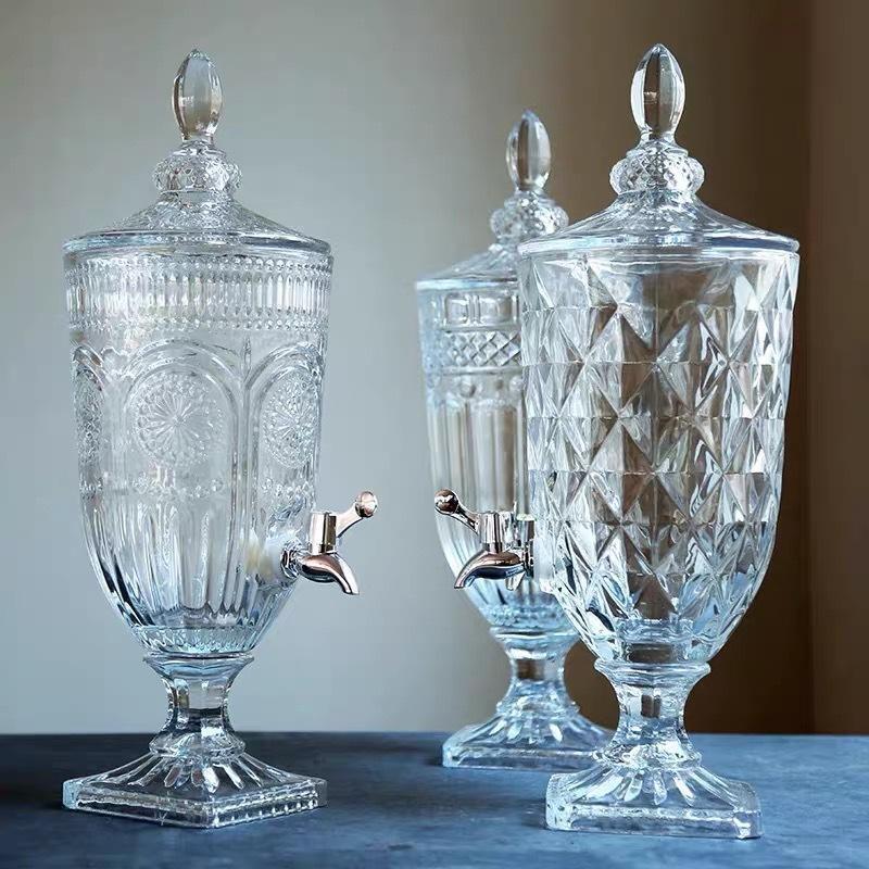 Wholesale of juice jars, glass jugs, embossed crystal juice bottles with faucets, large-capacity juice cans, transparent cold water bottles Specification drawing