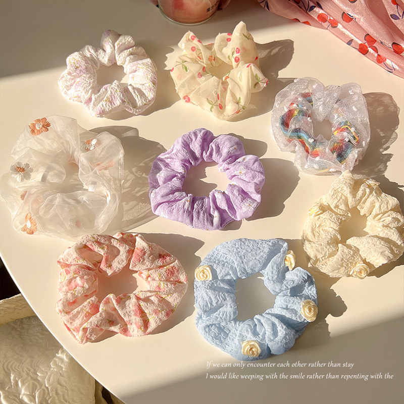 Free shipping: Pork intestine hair band, Korean style, ins floral hair band, high-end hair tie, leather band 5-piece set details Picture