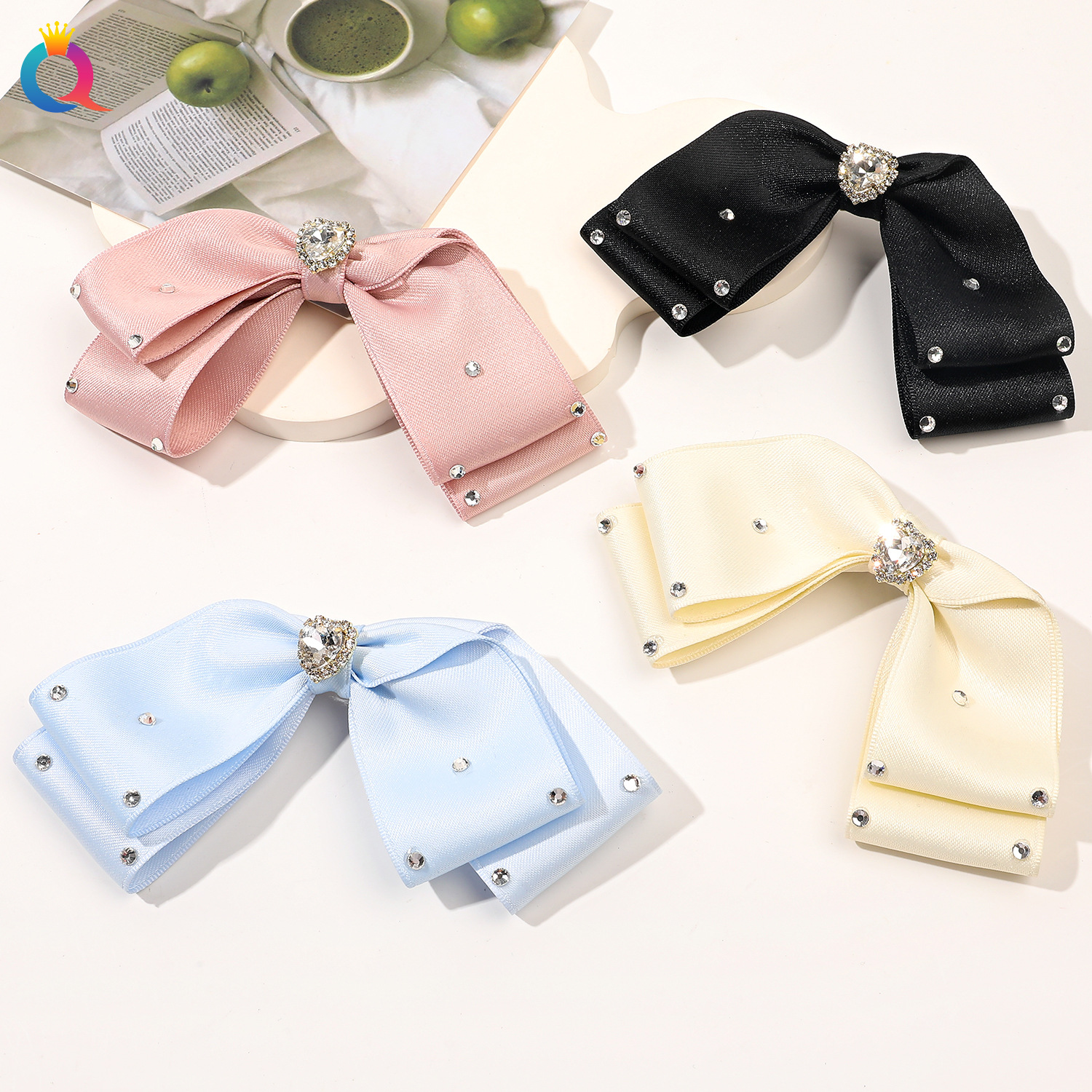 Qiyue Cross-border Flash Diamond Heart-shaped Hair Clip, high-end fabric Bow duckbill Clip, Sweet bangs side Clip wholesale full figure