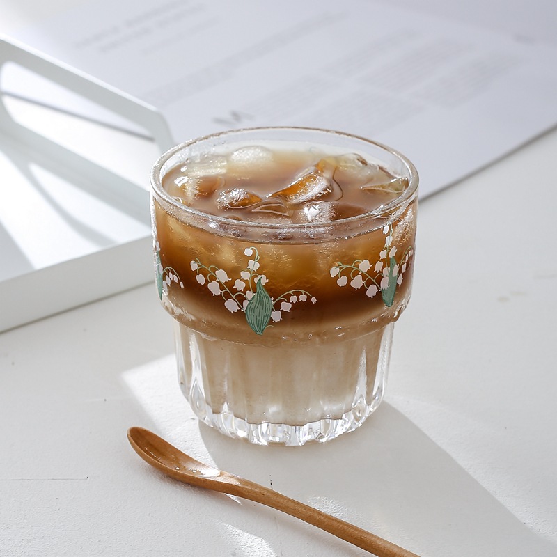 Lily of the valley flower cup, Korean InS-style iced coffee cup, glass cup, fresh and girlish Coco milk tea cup, can be stacked details Picture