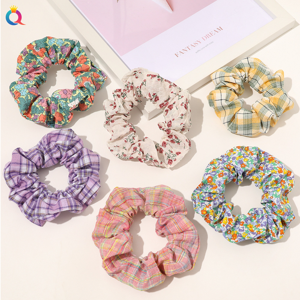 Qiyue French Large Intestine circle floral checkered hair tie, retro fabric country-style hair rope, forest-themed hair rope, popular online hair accessory details Picture