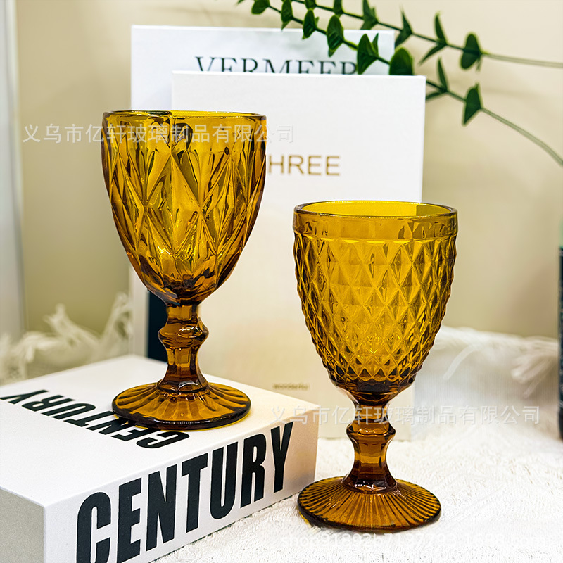 Cross-border wholesale of European-style embossed red wine glasses, colored glass goblets, beverage cups, thickened juice and milk cups, wedding full figure
