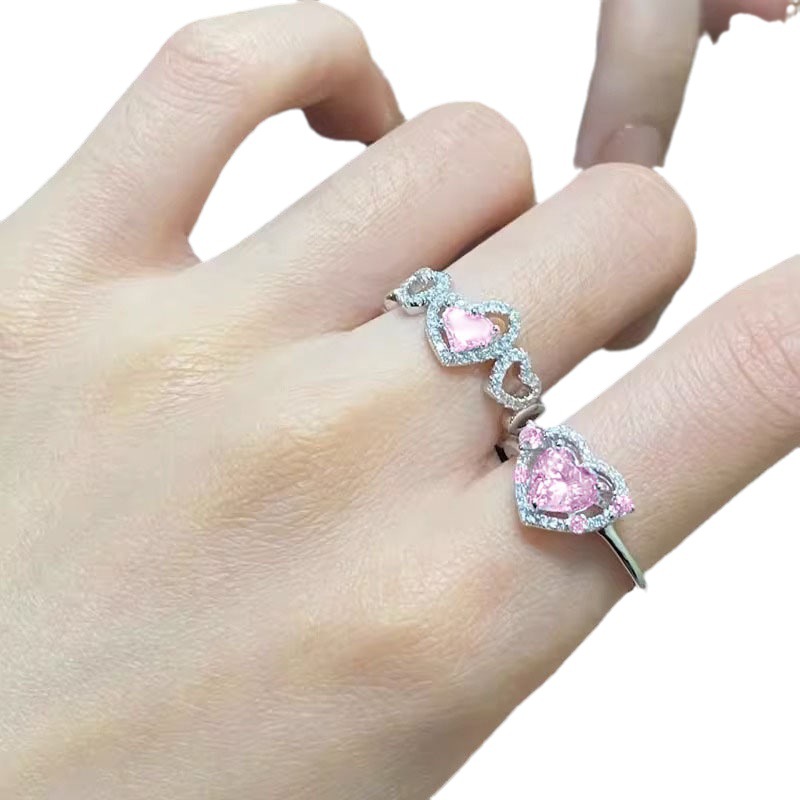 New sweet and cute girl pink diamond ring for women, light luxury, unique adjustable, fashionable and individual, versatile open ring Item Picture