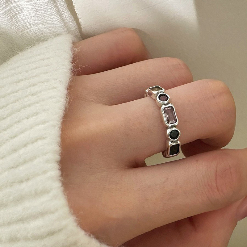 Sweet and cool colorful geometric zircon ring, fashionable and elegant for women, unique and fashionable, exquisite open ring, Internet celebrity index finger ring details Picture