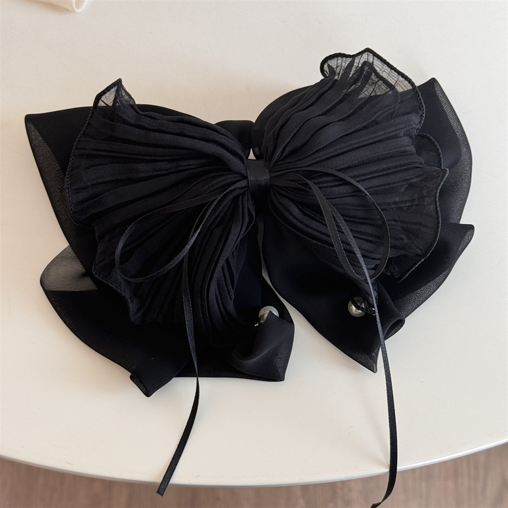 "Flowing Light Blue ~ Ice blue bow pearl clip for women with a high-end look, ribbon ponytail, half-tied hair tie, travel hairpin. Specification drawing