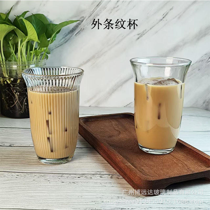 Transparent and simple glass cups, wide-mouthed striped cups, American coffee cups, juice drink cups, milk cups, cocktail cups details Picture