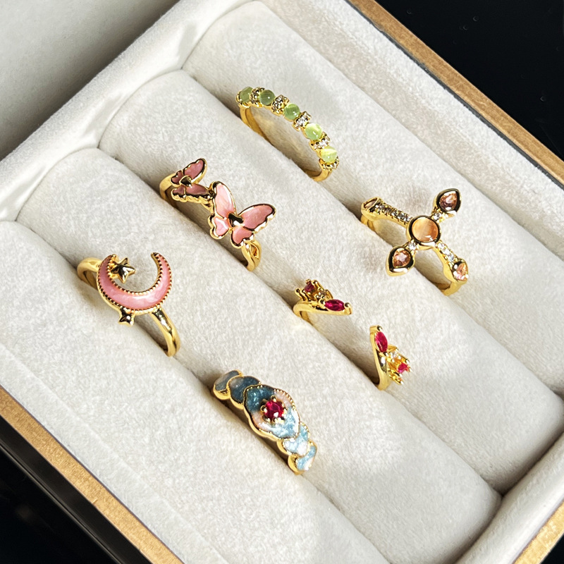 【 Enamel Qilu 】 New Chinese-style retro enamel Open ring, pink butterfly Star Moon cross index finger ring for women full figure