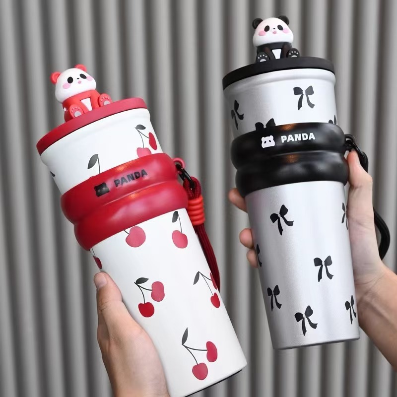 High-appearance-level large-capacity insulated cup, cute little panda car water cup, dust-proof straw cup, heat and cold preservation ice cup Application Scenario