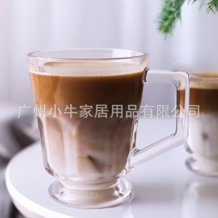 American layered iced coffee cup, classic cold brew latte, glass cup with handle, afternoon small handle cup, tea cup, water cup details Picture