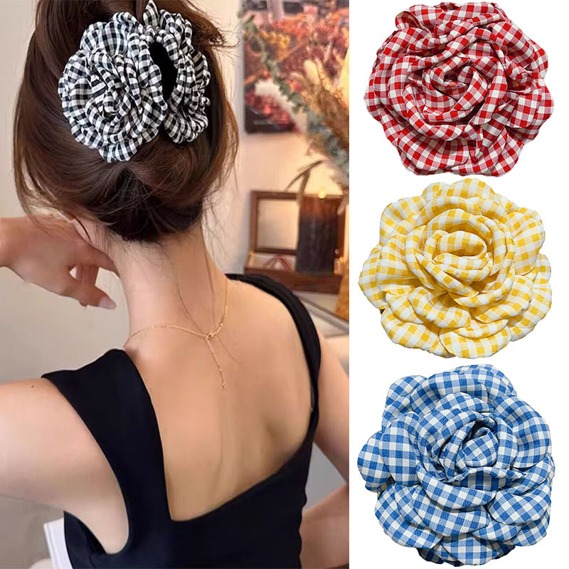Spring and summer new checkered pattern flower gripper, simple hair gripper, high-end hair clip, large flower Korean hair accessory and headwear full figure