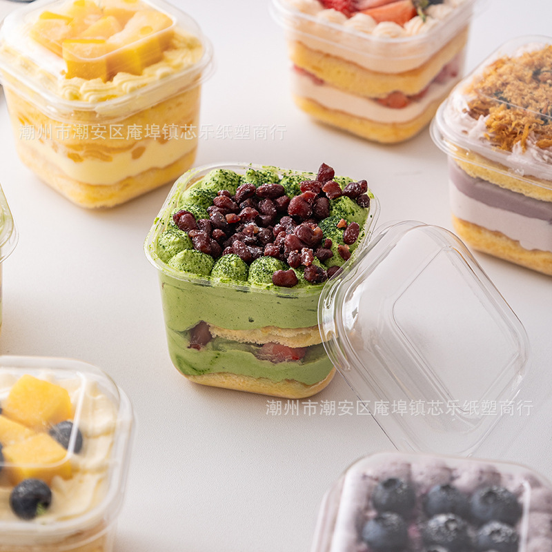 Square mousse cup tiramisu small cake packaging box, disposable transparent lid dessert packaging and baking box Application Scenario
