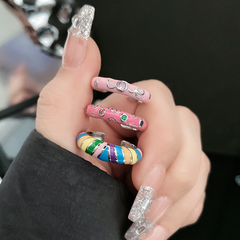 Colorful zircon drop glaze irregular opening ring, sweet and cool, fashionable and hot girl, niche design dopamine ring details Picture