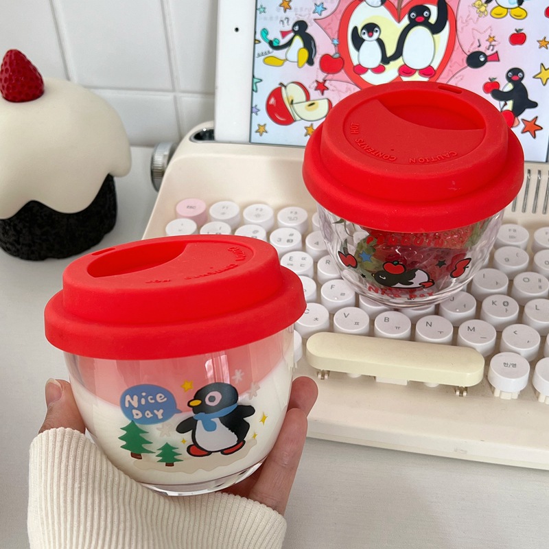 High appearance level glass cup, coffee cup, penguin water cup with lid, cold brew cup, cute and girlish glass cup for girls details Picture
