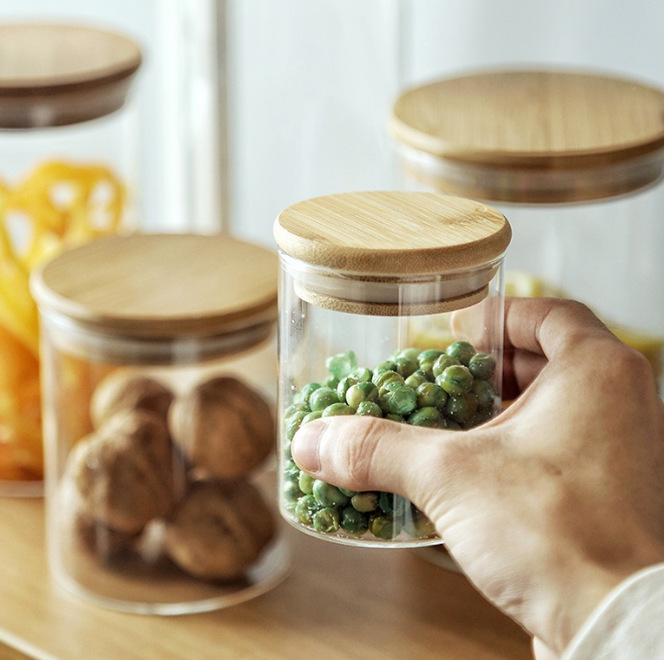 Glass sealed jar, bamboo lid, tea jar, medicinal herb flower tea, dried fruit snack storage jar, kitchen storage bottle, large size details Picture