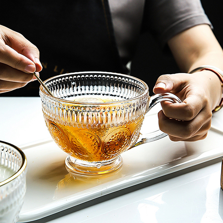 Sunflower retro relief glass breakfast cups, household large-capacity milk tea oat milk cups with handles wholesale details Picture