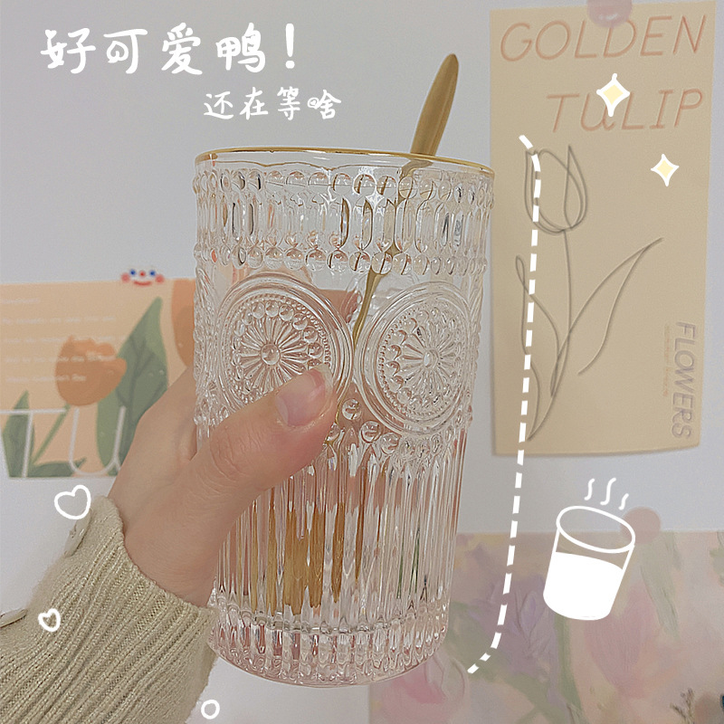 Nordic ins embossed golden edge glass cup, retro sunflower water cup, breakfast milk tea cup, gift printed logo details Picture