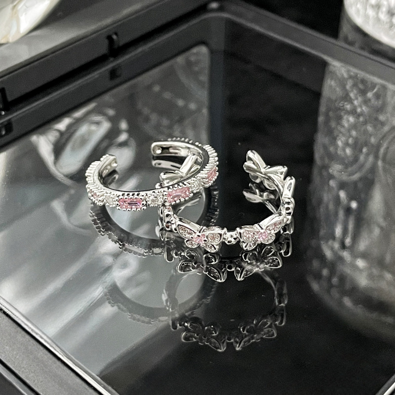 Sweet and cool pink diamond small women's ring, cold and simple butterfly style, unique and fashionable, exquisite open ring in a stacked villa Specification drawing