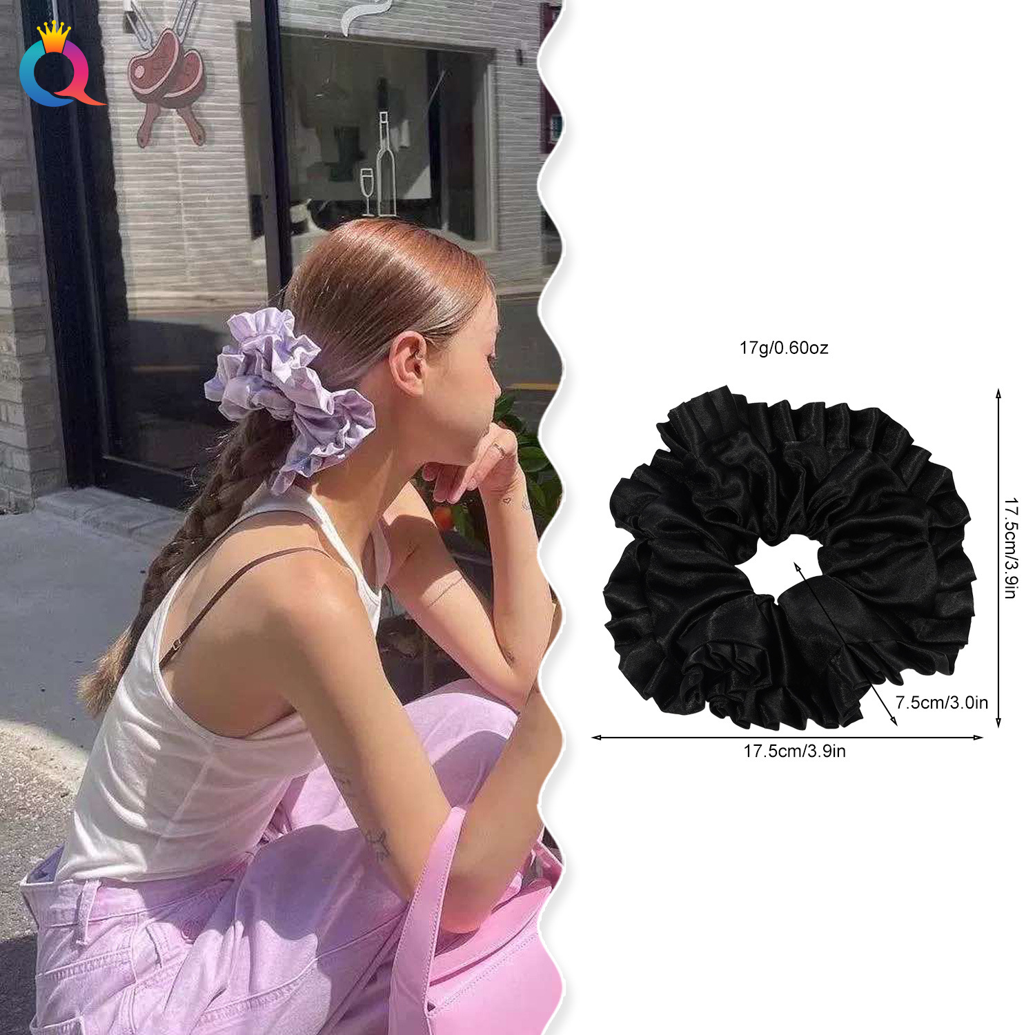 Wholesale of Qiyue extra-large color checkered lace large intestine hair bands, solid color high ponytail tie, simple hair flowers and hair accessories details Picture