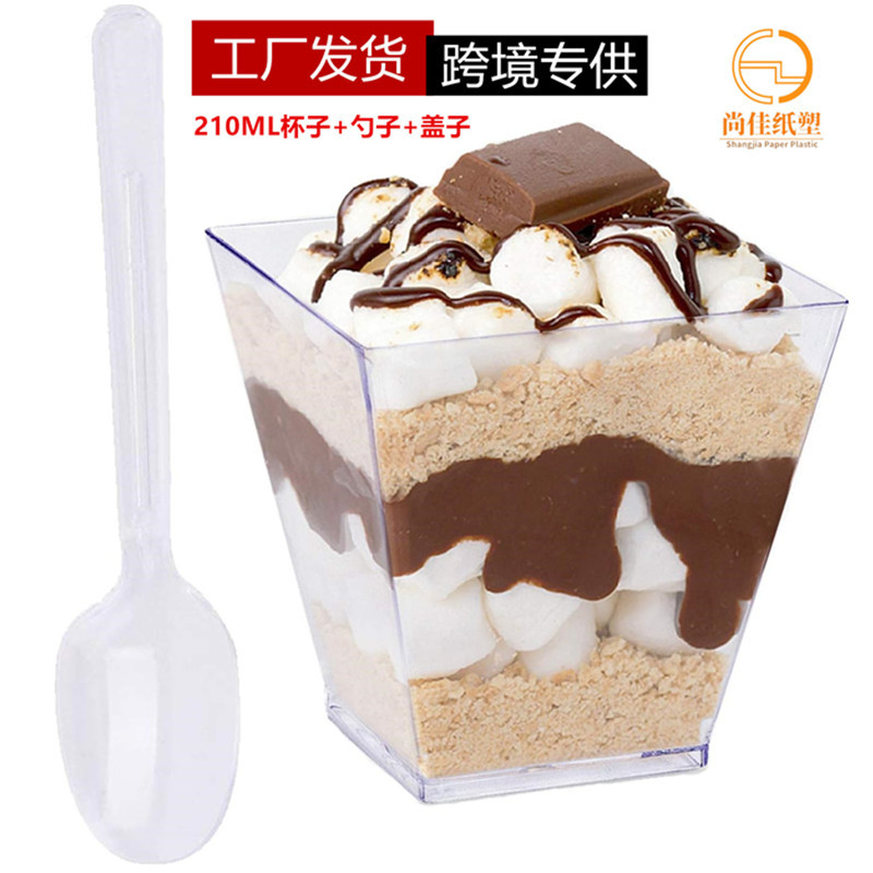 Factory wholesale 210ML disposable transparent dessert cups with LIDS, double-layer milk cake jelly plastic PS mousse cups full figure